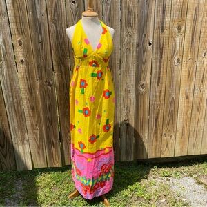 Vintage Malia Honolulu bright yellow pink floral flower halter maxi dress XS